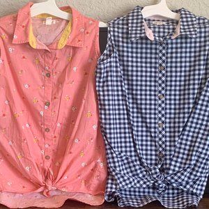 2 NWT Cat and Jack Girls Sleeveless Shirt Button Down Tie Front Cotton Shirts